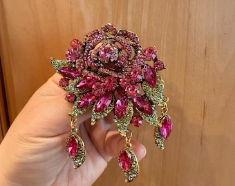 Statement Floral Rhinestone Brooch Pin, Pink Crystal Flower Brooch, Vintage Style Gold Tone Brooch for Women, Elegant Jewelry Gift