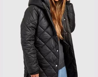 Diamond Quilt Hooded Puffer Jacket, Long Black Winter Jacket For Women, Ski Coat for Her
