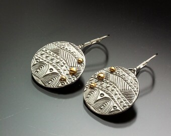 Silver and 23K Gold Round Textured Earrings | Woman Owned | Oregon Jeweler | Handmade | Eco-Friendly Jewelry