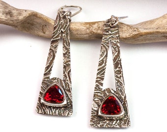 Silver Textured Earrings with Hessonite Garnet CZ | Woman Owned | Oregon Jeweler | Handmade | Eco-Friendly Jewelry