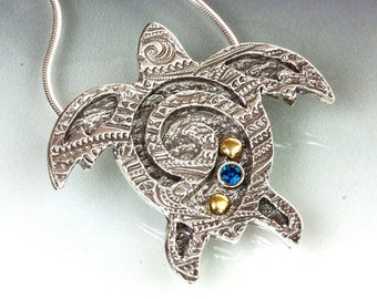 Silver Sea Turtle Pendant Necklace | 23K Gold & Blue Spinel | Woman Owned | Oregon Jeweler | Handmade | Eco-Friendly Jewelry