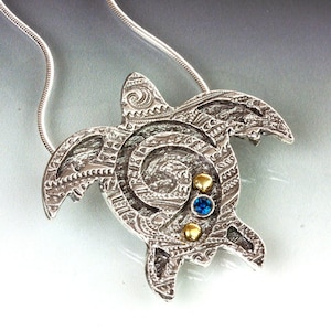 Silver Sea Turtle Pendant Necklace | 23K Gold & Blue Spinel | Woman Owned | Oregon Jeweler | Handmade | Eco-Friendly Jewelry
