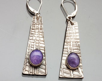 Carved Silver Earrings with Purple Charoite | Woman Owned | Oregon Jeweler | Handmade | Recycled & Repurposed Silver | Eco-Friendly Jewelry