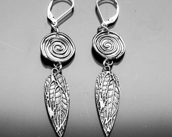 Spiral and Leaf Drop Silver Earrings | Woman Owned | Oregon Jeweler | Handmade | Matching Set | Eco-Friendly Jewelry