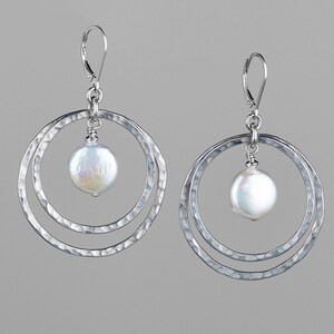 Double Fused Silver Hoop Earrings | White Coin Pearls | Woman Owned | Oregon Jeweler | Handmade | Eco-Friendly Jewelry