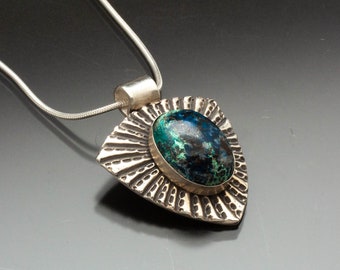 Textured Silver and Chrysocolla Pendant Necklace | Natural Stone | Woman Owned | Oregon Made | Handmade | Eco-Friendly Jewelry