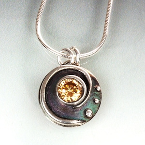 Silver Spiral Pendant Necklace with Faceted Champagne Cubic Zirconia | Woman Owned | Oregon Jeweler | Handmade | Set Eco-Friendly Jewelry