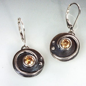 Silver Spiral Earrings with Champagne Cubic Zirconia | Woman Owned | Oregon Jeweler | Handmade | Eco-Friendly Jewelry