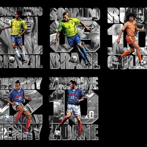 May include: A black background features five soccer player illustrations. Each player is depicted in action, with their name and country displayed in a stylized font. The players are wearing their team's colors, and soccer balls are included.
