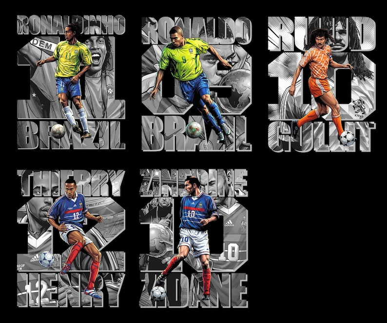 May include: A black background features five soccer player illustrations. Each player is depicted in action, with their name and country displayed in a stylized font. The players are wearing their team's colors, and soccer balls are included.