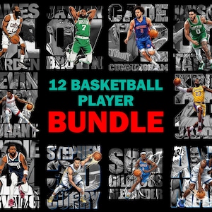 Może przedstawiać: Czarno-biała grafika przedstawiająca 12 koszykarzy. Tekst "12 Basketball Player Bundle" znajduje się na środku. Każdy zawodnik jest przedstawiony w akcji, trzymając piłkę do koszykówki, z nazwiskiem i numerem na koszulce.