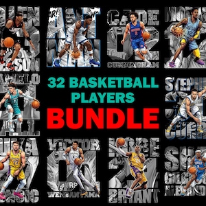 Może przedstawiać: Czarny grafika z 12 koszykarzami, ich nazwiskami i numerami. Tekst "32 BASKETBALL PLAYERS BUNDLE" znajduje się na środku. Każdy gracz jest w akcji, trzymając piłkę do koszykówki.