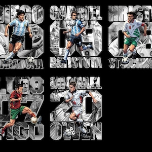 May include: A black graphic featuring illustrations of famous soccer players, including Maradona, Batistuta, Stoichkov, Figo, and Owen. Each player is depicted in action, with their names and jersey numbers overlaid in a stylized font.