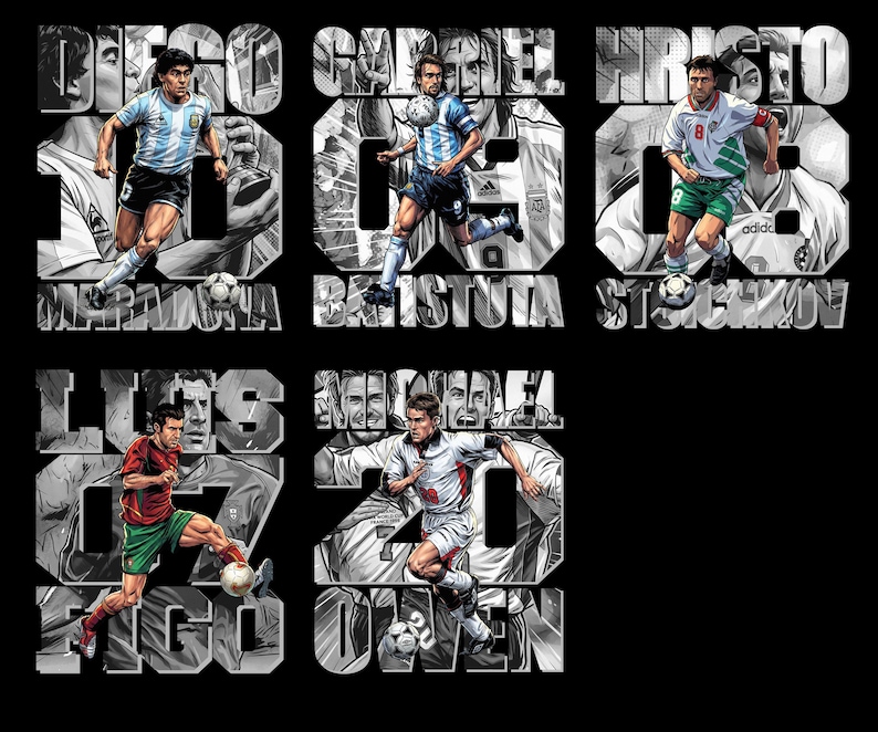 May include: A black graphic featuring illustrations of famous soccer players, including Maradona, Batistuta, Stoichkov, Figo, and Owen. Each player is depicted in action, with their names and jersey numbers overlaid in a stylized font.
