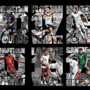 May include: A graphic design featuring six soccer players in action poses. Each player is depicted in their team's uniform, with their name and jersey number prominently displayed. The background is a black and white comic book style.