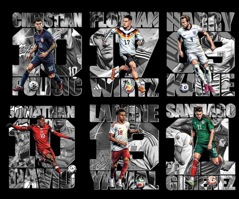 May include: A graphic design featuring six soccer players in action poses. Each player is depicted in their team's uniform, with their name and jersey number prominently displayed. The background is a black and white comic book style.