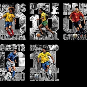 May include: A black graphic featuring illustrations of famous soccer players in action. Each player is set against a grayscale background with their name and jersey number. The players are wearing their team's colors.
