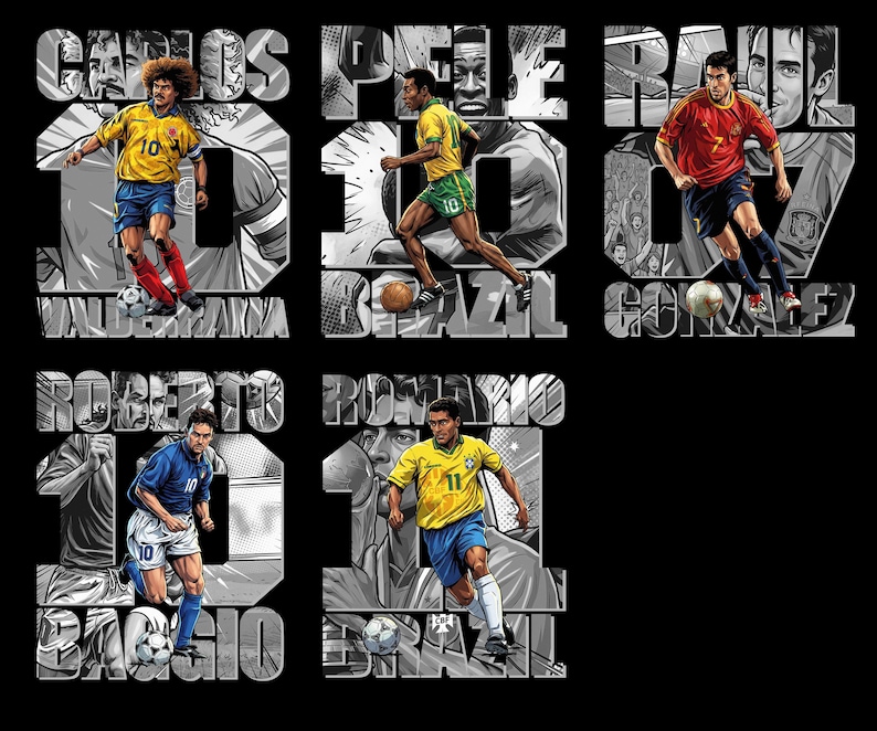 May include: A black graphic featuring illustrations of famous soccer players in action. Each player is set against a grayscale background with their name and jersey number. The players are wearing their team's colors.