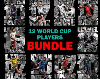 12 Comic Football Soccer World Cup Players Bundle: PNG Digital Download, DTF&DTG Sublimation.