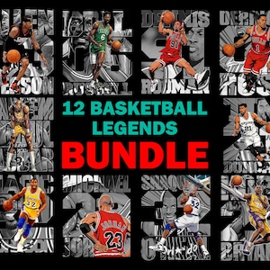 以下が含まれることがあります： 12 人のバスケットボールの伝説をフィーチャーしたグラフィックデザイン。各プレイヤーは、名前と背番号で描かれています。「12 Basketball Legends Bundle」という言葉が中央に大きく表示されています。