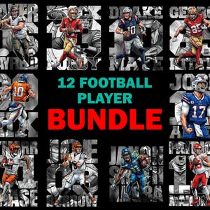 May include: A black graphic featuring 12 football players in action poses. Each player is set against a grayscale background with their name and number. The text "12 FOOTBALL PLAYER BUNDLE" is in the center.