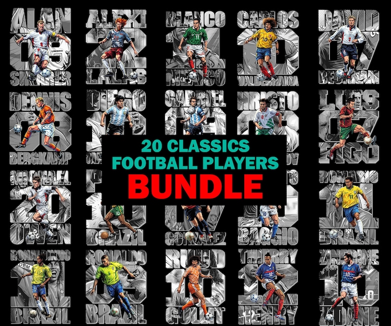 May include: A black graphic featuring 20 classic football players. Each player is depicted in action, with their name and jersey number prominently displayed. The text "20 CLASSICS FOOTBALL PLAYERS BUNDLE" is also included.