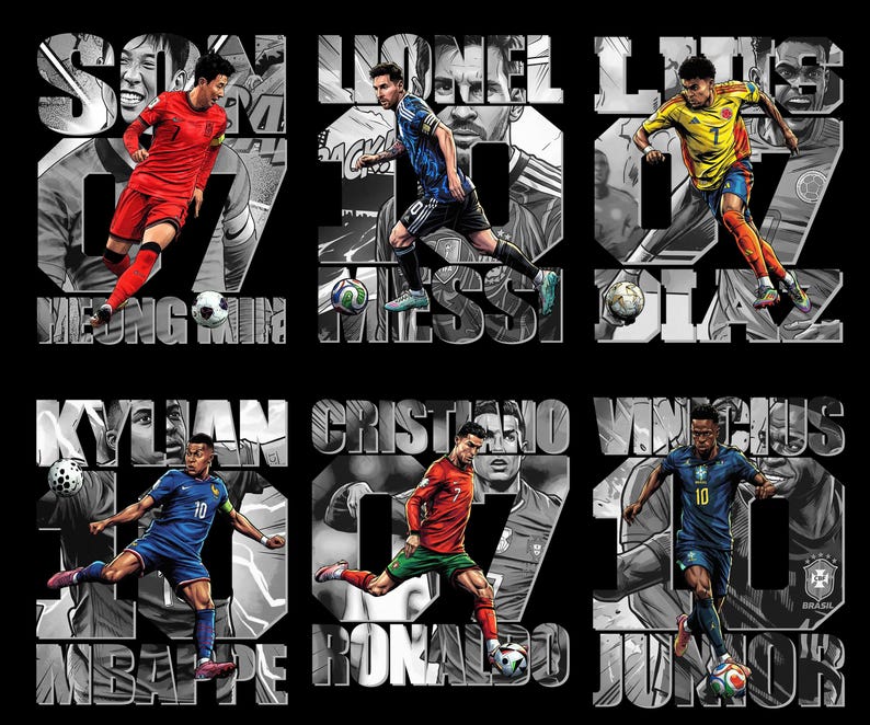 12 Comic Football Soccer World Cup Players Bundle: PNG Digital Download, DTF&DTG Sublimation. image 3