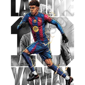 May include: Illustration of a soccer player in a blue and red uniform with the Spotify logo. The image features the name "LAMINE" and the number "10" in large, bold text. The player is running, with lightning bolt effects.