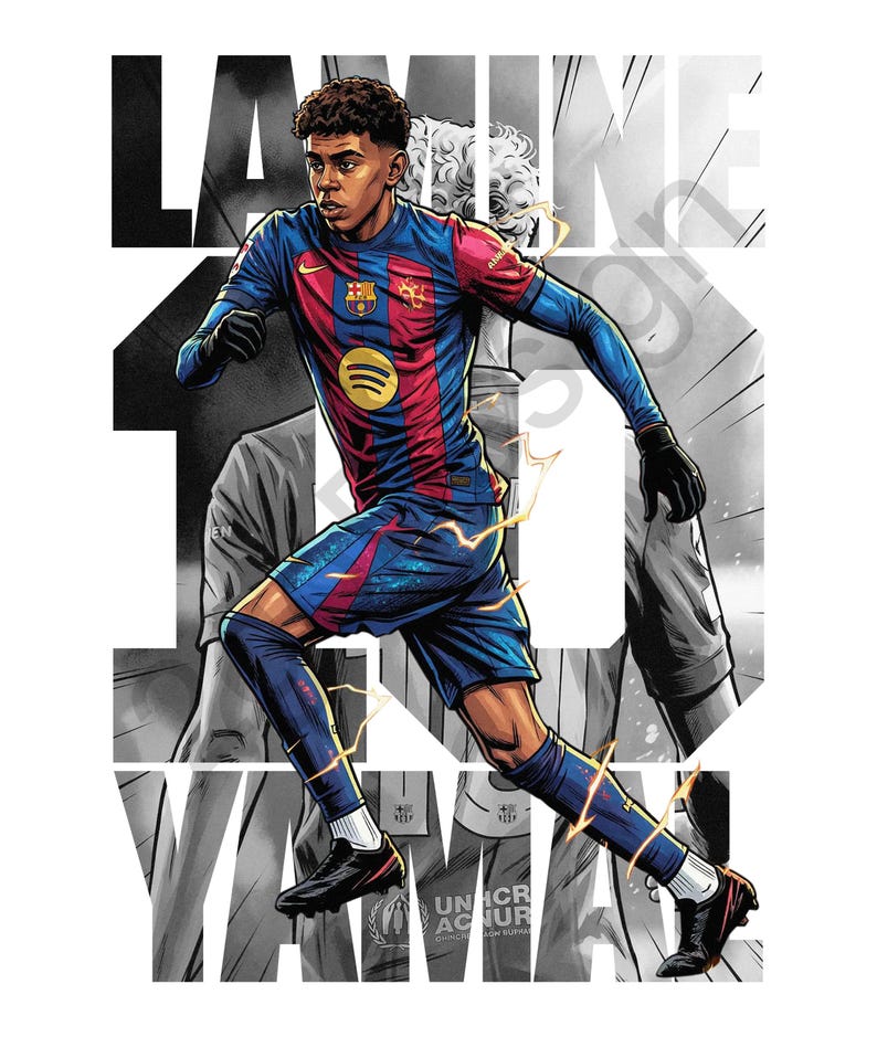May include: Illustration of a soccer player in a blue and red uniform with the Spotify logo. The image features the name "LAMINE" and the number "10" in large, bold text. The player is running, with lightning bolt effects.