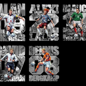 May include: A black graphic featuring illustrations of soccer players with their names and numbers. The players are Alan Shearer, Alexi Lalas, Cuauht&eacute;moc Blanco, David Beckham, and Dennis Bergkamp. Each player is depicted in action, with a soccer ball.