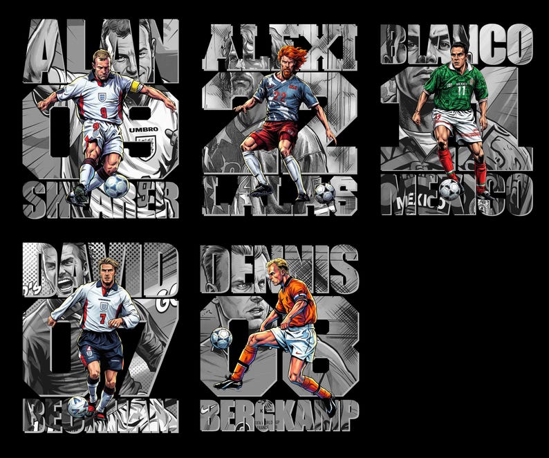May include: A black graphic featuring illustrations of soccer players with their names and numbers. The players are Alan Shearer, Alexi Lalas, Cuauht&eacute;moc Blanco, David Beckham, and Dennis Bergkamp. Each player is depicted in action, with a soccer ball.