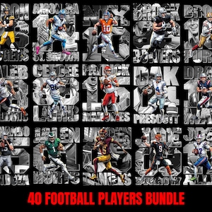 Puede incluir: Una colección gráfica digital que presenta 40 jugadores de fútbol americano en poses de acción, superpuestos sobre un fondo de collage en blanco y negro con nombres y números. Las ilustraciones muestran uniformes de equipos en colores vivos.