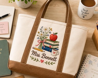 Personalized Embroidered Teacher Tote Bag, Custom Teacher Name Bag, Back to School Gift, Teacher Appreciation Gift, Kindergarten Teacher