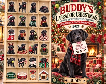 Gepersonaliseerde Labrador Retriever adventskalender 2026, 24 houten of acryl bedeltjes, kerstcadeau voor een zwarte Labrador, naam van uw huisdier op maat
