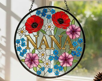 Custom  Floral Glass Suncatcher for Gigi, Grandma Mimi Nana Floral Window Decor Gift, Grandma's Garden Suncatcher