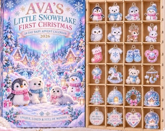 Gepersonaliseerde adventskalender voor de eerste kerst van een babymeisje (2026), met 24 houten of acryl bedeltjes, een leuk aandenken met winterse dieren voor pasgeborenen.