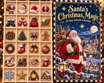 Kerstadventskalender 2026 met de Kerstman, 24 acryl bedeltjes met houten displaybakje, aftelcadeau voor de feestdagen voor familie en kinderen