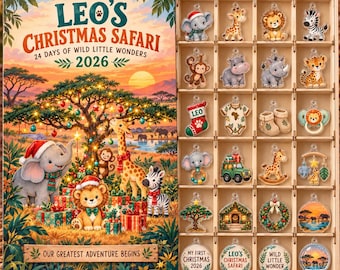Gepersonaliseerde adventskalender voor de eerste kerst van je baby (2026), met 24 houten of acryl safari-dierenbedeltjes, een leuk aandenken voor pasgeborenen met junglethema.