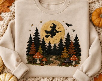 Moletom de bruxa bordado, Moletom de bruxa para o Halloween, Moletom da floresta assustadora, Camiseta de bruxa para o outono, Presente de Halloween ao luar