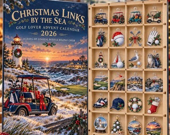 Adventskalender 2026 voor golfliefhebbers, Kerstgolfbaan aan zee, 24 acryl bedeltjes met houten displaybakje, cadeau voor golfliefhebbers aan de kust