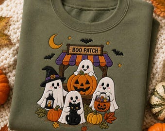 Moletom bordado de Halloween, blusa de gola redonda com estampa de fantasma "Boo", camiseta fofa com estampa de abóbora, suéter para a temporada assustadora, presente de Halloween com fantasma