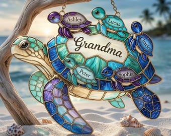 Apanhador de Sol Personalizado em Acrílico com Tartaruga Marinha para a Vovó, Decoração de Janela com Nomes da Família Personalizados, Dia das Mães, Aniversário