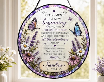 Personalized Retirement Suncatcher, Retirement Gift for Women, Floral Stained Glass Style Gift, Coworker Farewell Gift