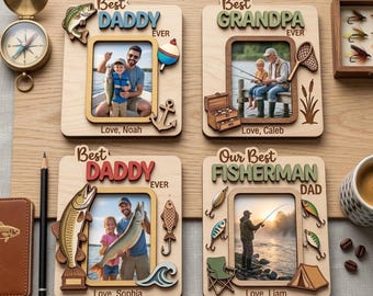 Personalisierter Fischen-Vatertagsmagnet-Fotorahmen-Geschenk für Vati-Großvater-Papa, kundenspezifischer hölzerner Bilderrahmen, Vatertags-Andenken