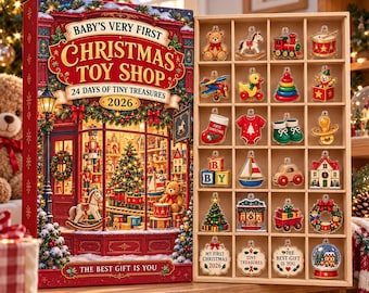 Adventskalender voor de eerste kerst van je baby (2026), 24 houten of acryl speelgoedbedeltjes, aandenken voor de pasgeborene, decoratie voor een kerstspeelgoedwinkel