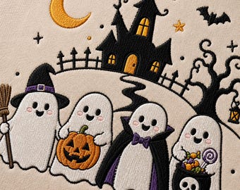Moletom Casa Assombrada, Bordado Fofo de Fantasma para o Halloween, Moletom de Gola Redonda para a Temporada Assustadora, Presente para Amantes do Halloween