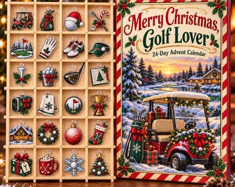 Golf Kerst Adventskalender 2026, 24 acryl bedeltjes, houten dienblad (cadeau voor de feestdagen)