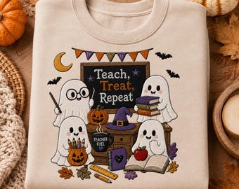 Moletom bordado com estampa de professor fantasma, blusa de gola redonda temática de sala de aula assustadora, conjunto de outono "Ensine, Travessure, Repita"