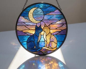 Cat Couple Suncatcher – Stained Glass Style, Moonlight Window Hanging