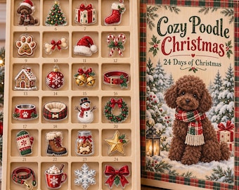 Kerstadventskalender met poedelthema 2026, 24 acryl bedeltjes met houten displaybakje, aftelcadeau voor hondenliefhebbers